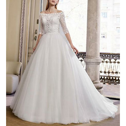 

Ball Gown Off Shoulder Sweep / Brush Train Tulle Half Sleeve Plus Size Made-To-Measure Wedding Dresses with Embroidery 2020