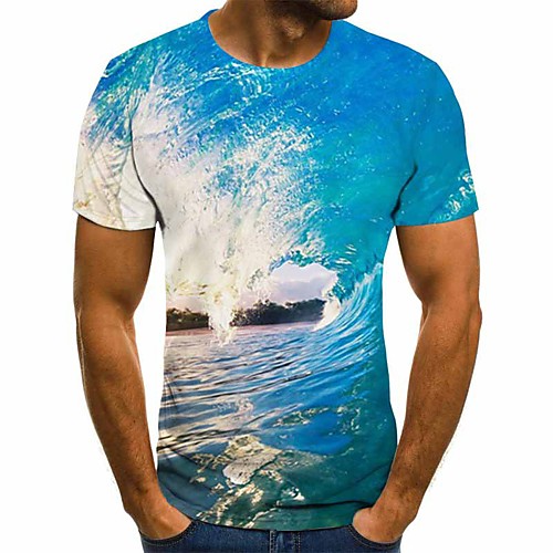 

Men's Daily Going out Basic / Street chic T-shirt - 3D / Graphic / Scenery Patchwork / Print Blue