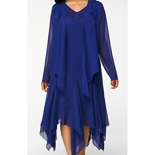 

Two Piece V Neck Knee Length Chiffon / Lace Long Sleeve Elegant Mother of the Bride Dress with Draping Mother's Day 2020