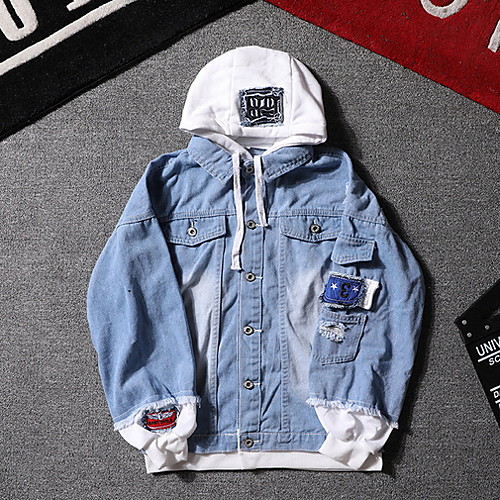 

Men's Daily Regular Jacket, Solid Colored Hooded Long Sleeve Polyester Blue / Light Blue