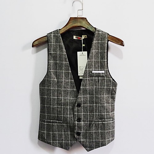 

Men's Daily Fall & Winter Regular Vest, Plaid V Neck Long Sleeve Polyester Light gray