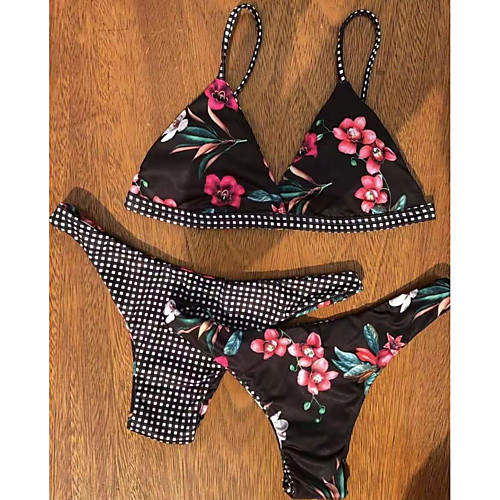

Women's Basic Black Triangle Thong Tankini Swimwear Swimsuit - Floral Backless Print S M L Black