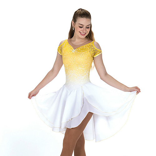 

Figure Skating Leotard / Onesie Lace Cascading Ruffles Ruching Women's Girls' Training Performance Short Sleeve Natural Spandex