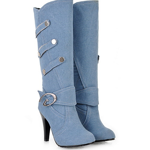 

Women's Boots Stiletto Heel Round Toe Canvas Mid-Calf Boots Winter Black / Dark Blue / Light Blue