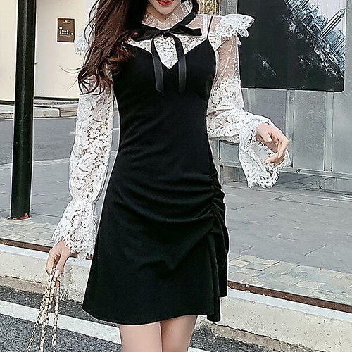 

Women's Two Piece Dress - Color Block Black S M L