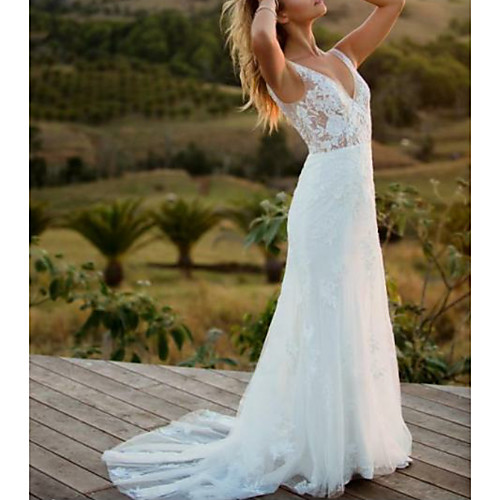 

A-Line V Neck Sweep / Brush Train Lace Regular Straps Made-To-Measure Wedding Dresses with 2020