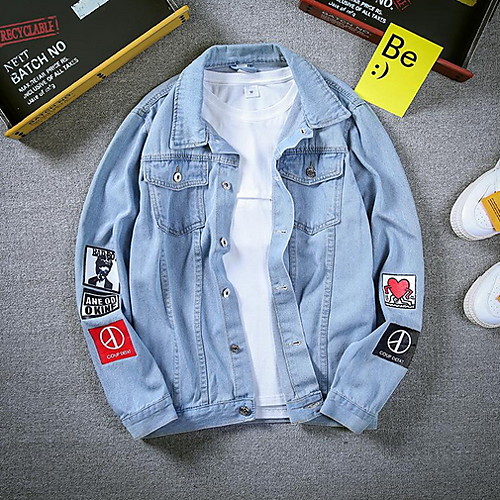 

Men's Daily Regular Denim Jacket, Solid Colored Shirt Collar Long Sleeve Polyester Black / Blue