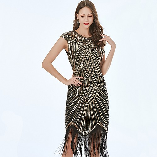 

Women's Elegant Sheath Dress - Solid Colored Sequins Tassel Fringe Black Gold Yellow S M L XL