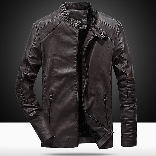 

Men's Daily Regular Leather Jacket, Solid Colored Stand Long Sleeve Polyester Black / Green / Navy Blue