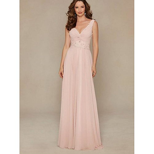 

A-Line Plunging Neck Floor Length Chiffon Elegant Engagement / Formal Evening Dress 2020 with Appliques / Ruched / Pleats