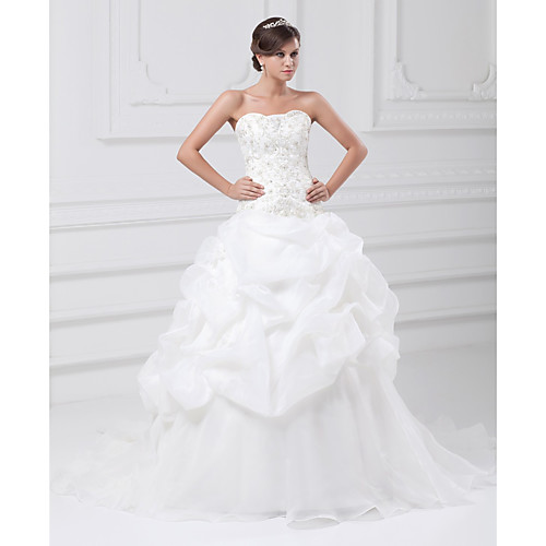

Ball Gown Sweetheart Neckline Chapel Train Organza / Satin Strapless Made-To-Measure Wedding Dresses with Beading / Embroidery / Pick Up Skirt 2020