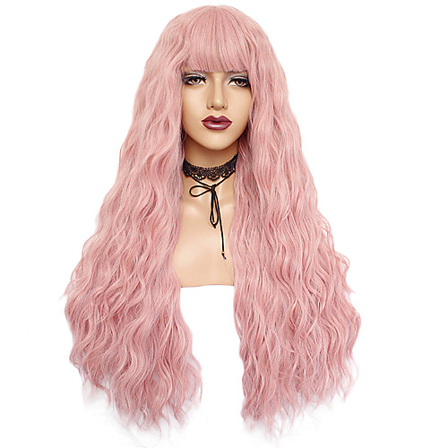 

Synthetic Wig Curly Weave Neat Bang Wig Long Black#1B Brown Pink White Blue / Green / Blonde Synthetic Hair 24inch Women's Odor Free Adjustable Heat Resistant Black Blue White / Natural Hairline