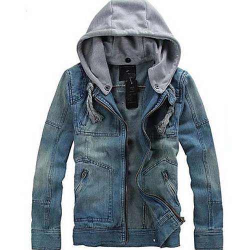 

Men's Daily Regular Denim Jacket, Solid Colored Hooded Long Sleeve Polyester Blue