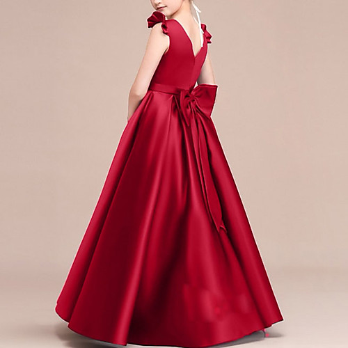 

A-Line Round Neck Floor Length Satin Junior Bridesmaid Dress with Bow(s) / Ruffles