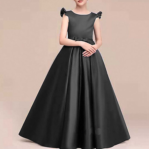 

A-Line Round Neck Floor Length Satin Junior Bridesmaid Dress with Bow(s) / Ruffles