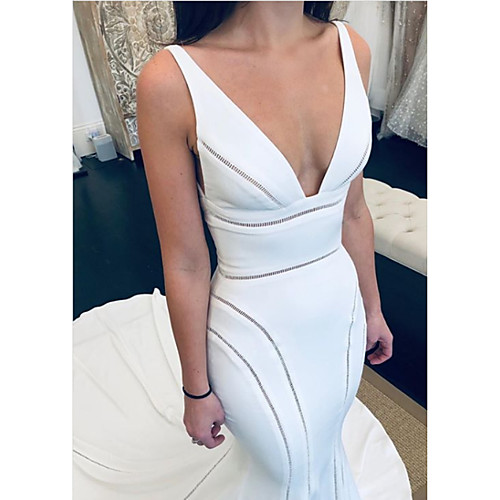 

Mermaid / Trumpet V Neck Court Train Satin Regular Straps Formal Plus Size Made-To-Measure Wedding Dresses with Draping 2020