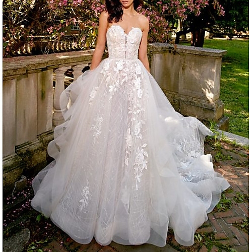 

A-Line Sweetheart Neckline Sweep / Brush Train Tulle Strapless Plus Size Made-To-Measure Wedding Dresses with Lace Insert 2020