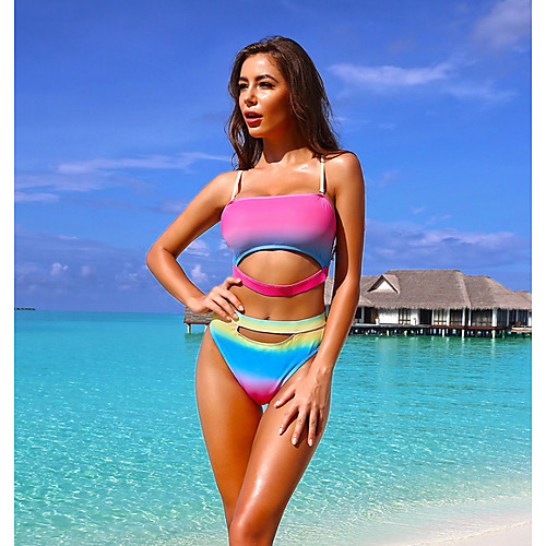 

Women's Blushing Pink Yellow Red Tankini Swimwear - Rainbow S M L Blushing Pink