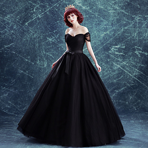 

Ball Gown Off Shoulder Floor Length Satin / Tulle Short Sleeve Black Made-To-Measure Wedding Dresses with Bow(s) / Draping / Sashes / Ribbons 2020