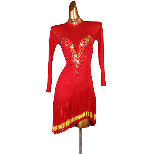 

Latin Dance Dresses Women's Performance Spandex Tassel / Crystals / Rhinestones Long Sleeve Dress