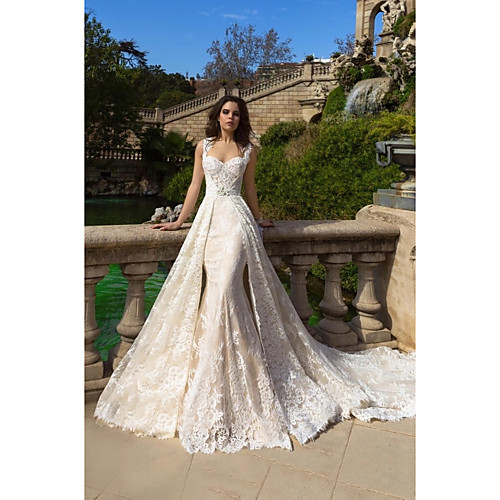 

Mermaid / Trumpet Sweetheart Neckline Court Train Lace / Tulle / Lace Over Satin Regular Straps Plus Size Made-To-Measure Wedding Dresses with Appliques 2020