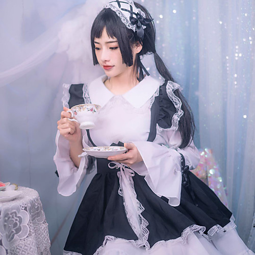 

Sweet Lolita Maid Uniforms Dress Female Japanese Cosplay Costumes Black Color Block Bowknot Long Sleeve / Apron