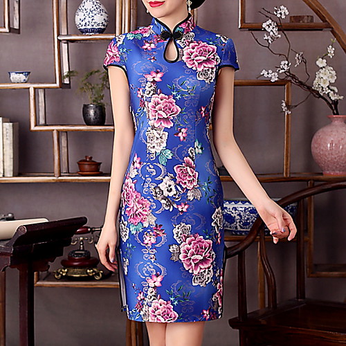 

Women's Sheath Dress - Floral Red Navy Blue Light Blue M L XL XXL