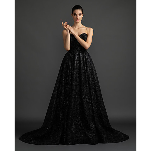 

A-Line Sweetheart Neckline Court Train Satin / Sequined Strapless Black Made-To-Measure Wedding Dresses with Draping 2020