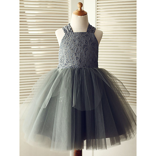 

Ball Gown Knee Length Flower Girl Dress - Lace / Tulle Sleeveless Square Neck with Bows