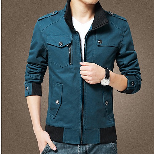 

Men's Daily Fall & Winter Regular Jacket, Solid Colored Stand Long Sleeve Polyester Black / Army Green / Blue