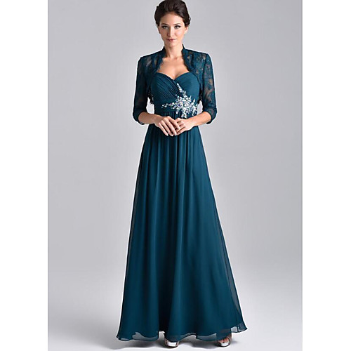 

A-Line / Two Piece Spaghetti Strap Floor Length Chiffon / Lace 3/4 Length Sleeve Elegant & Luxurious / Wrap Included Mother of the Bride Dress with Crystal Brooch / Ruching 2020