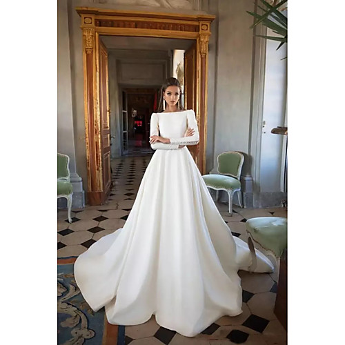 

A-Line Bateau Neck Chapel Train Polyester Long Sleeve Plus Size Made-To-Measure Wedding Dresses with 2020