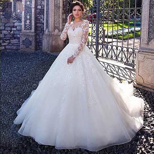 

Ball Gown Jewel Neck Court Train Lace / Tulle Long Sleeve Plus Size / Illusion Sleeve Wedding Dresses with Lace / Appliques 2020