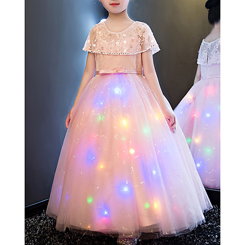 

A-Line Floor Length Flower Girl Dress - Cotton / Sequined Short Sleeve Jewel Neck with Bow(s)