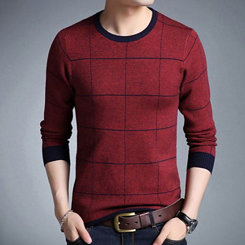 

Men's Plaid Long Sleeve Pullover Sweater Jumper, Round Neck Red / Khaki US34 / UK34 / EU42 / US36 / UK36 / EU44 / US38 / UK38 / EU46