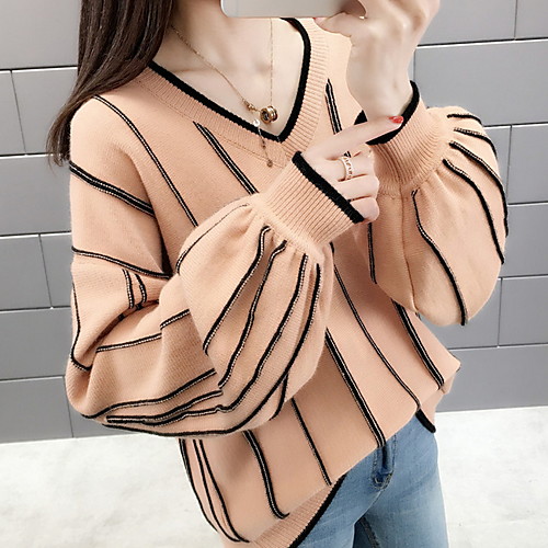 

Women's Color Block Long Sleeve Pullover Sweater Jumper, V Neck Black / White / Blushing Pink M / L / XL