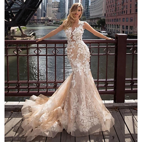 

Mermaid / Trumpet Jewel Neck Chapel Train Lace / Tulle Regular Straps Illusion Detail / Backless Wedding Dresses with Appliques 2020