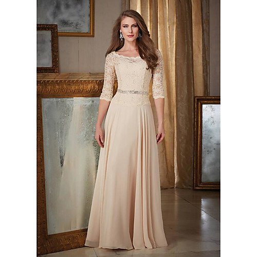 

A-Line Bateau Neck Sweep / Brush Train Chiffon / Lace 3/4 Length Sleeve Elegant & Luxurious Mother of the Bride Dress with Beading / Ruching 2020