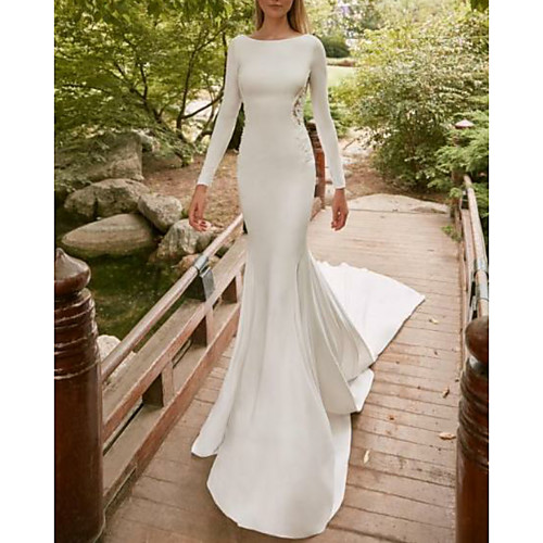 

Mermaid / Trumpet Jewel Neck Court Train Satin Long Sleeve Made-To-Measure Wedding Dresses with Lace Insert 2020