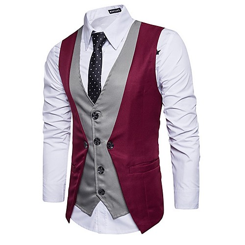 

Men's Vest, Color Block V Neck Polyester Black / Red / Brown