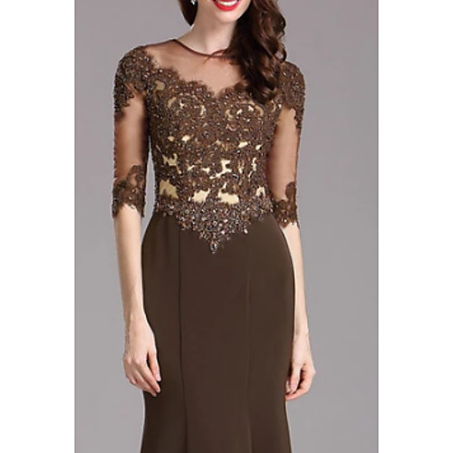 

Mermaid / Trumpet V Neck Floor Length Lace / Tulle Half Sleeve Elegant Mother of the Bride Dress with Appliques / Embroidery / Lace 2020