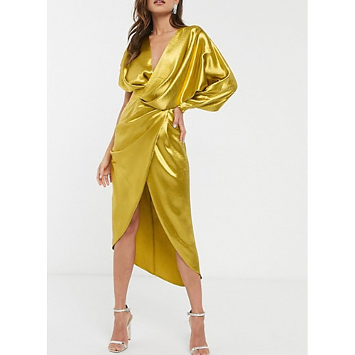 

Sheath / Column V Neck Asymmetrical Satin Elegant Cocktail Party / Party Wear / Wedding Guest Dress 2020 with Ruched