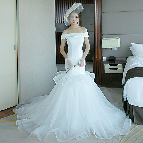 

Mermaid / Trumpet Off Shoulder Court Train Polyester / Tulle Short Sleeve Plus Size Made-To-Measure Wedding Dresses with 2020