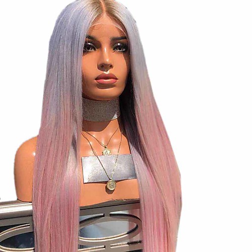 фото Парики из искусственных волос естественные прямые глубокое разделение парик длинные розовый искусственные волосы 27 дюймовый жен. градиент лучшее качество прямой пробор розовый lightinthebox