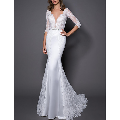 

Mermaid / Trumpet V Neck Sweep / Brush Train Lace / Satin 3/4 Length Sleeve Plus Size Made-To-Measure Wedding Dresses with Bow(s) 2020