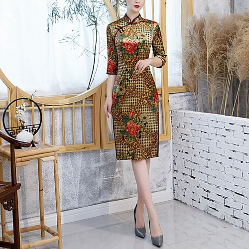 

Women's Sheath Dress - Floral Gold Blue Green M L XL XXL