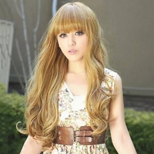 

Synthetic Wig Curly Neat Bang Wig Long Blonde Synthetic Hair 27 inch Women's Best Quality Blonde