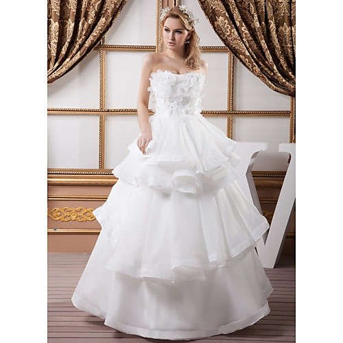 

Ball Gown Strapless Floor Length Organza / Satin Strapless Plus Size Made-To-Measure Wedding Dresses with Beading / Appliques / Cascading Ruffles 2020