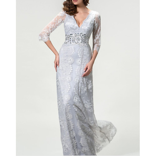 

A-Line V Neck Floor Length Lace / Charmeuse 3/4 Length Sleeve Elegant Mother of the Bride Dress with Appliques / Lace 2020