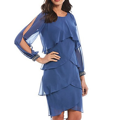 

A-Line Jewel Neck Knee Length Chiffon Long Sleeve Elegant Mother of the Bride Dress with Tier / Cascading Ruffles Mother's Day 2020
